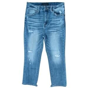 Risen Women 29 Medium Wash Distressed Vintage Straight Leg Denim Cropped Jeans